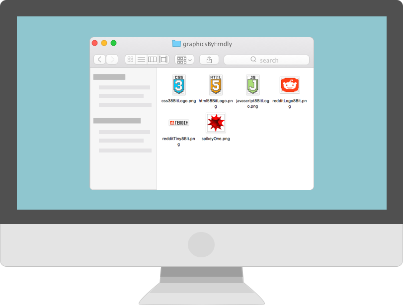 A vector image of a computer with a screenshot of files available in the graphicsByFrndly repository by Heather Minor