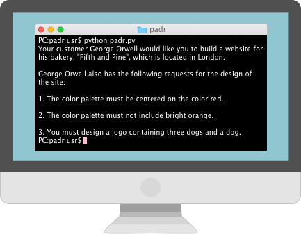 A vector image of a computer with a terminal window open that is running 'Padr', a Python program created by Heather Budde