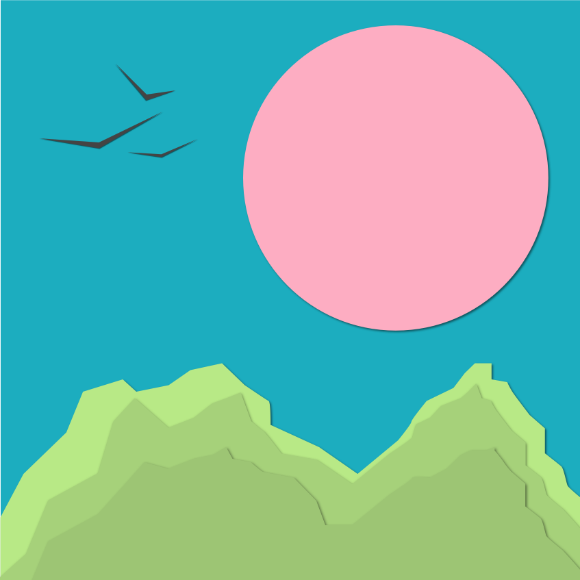 A simplified image of mountains, the sun, and some birds made by Heather Minor