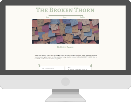 A vector image of an computer with a screenshot of The Broken Thorn's website, created by Heather Budde