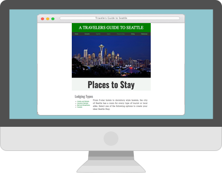 A vector image of a computer with a screenshot of the 'Travelers Guide to Seattle' website created by Group 5 in ITAM at CWU